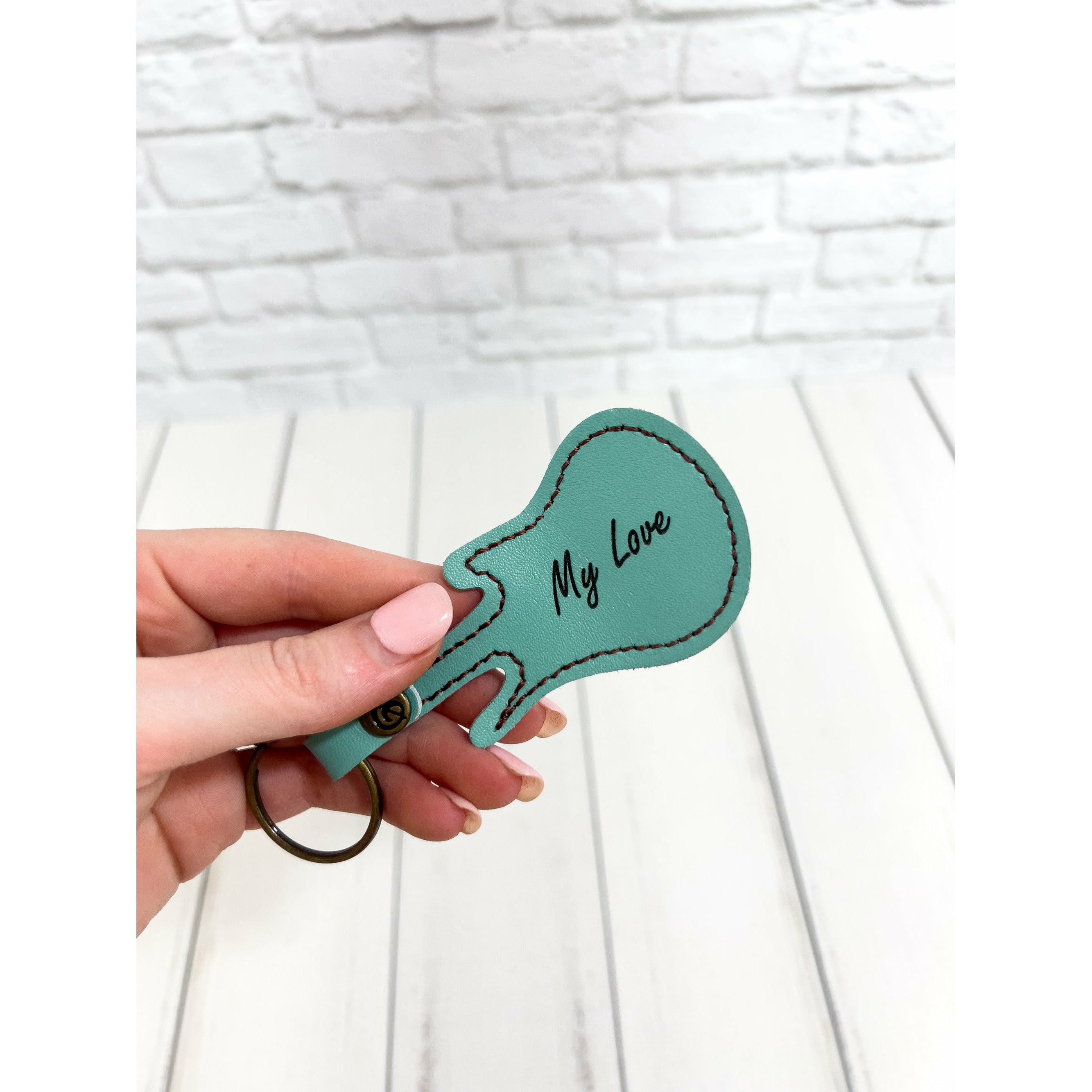 Personalized Leather Guitar Shaped Pick Holder Keychain
